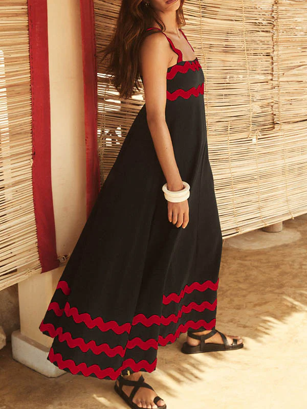 A-line High Waisted Contrast Color Zipper Square-neck Maxi Dresses Midi Dresses - Image 26