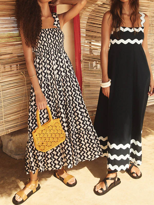 A-line High Waisted Contrast Color Zipper Square-neck Maxi Dresses Midi Dresses - Image 27