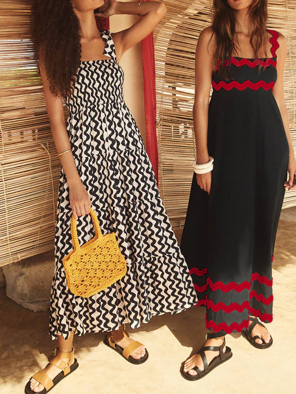 A-line High Waisted Contrast Color Zipper Square-neck Maxi Dresses Midi Dresses - Image 28