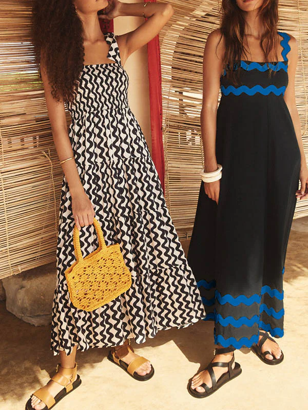 A-line High Waisted Contrast Color Zipper Square-neck Maxi Dresses Midi Dresses - Image 29