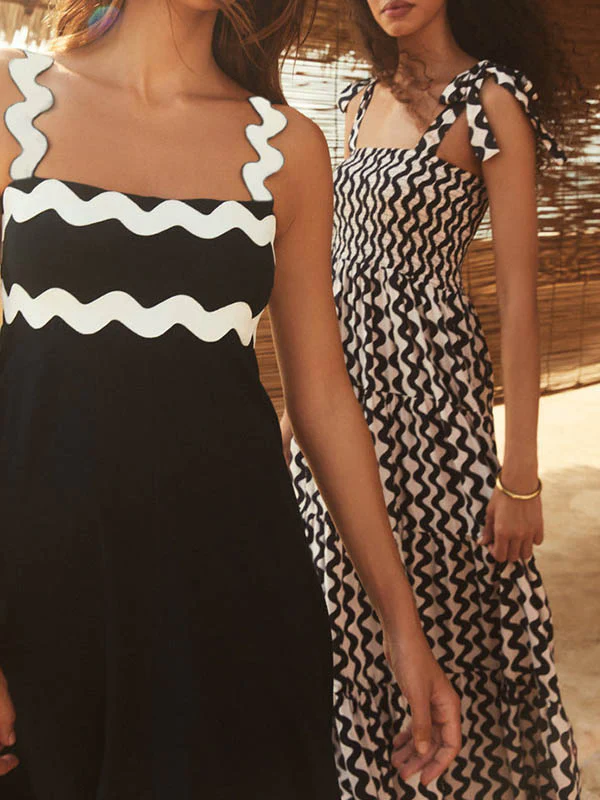 A-line High Waisted Contrast Color Zipper Square-neck Maxi Dresses Midi Dresses - Image 30