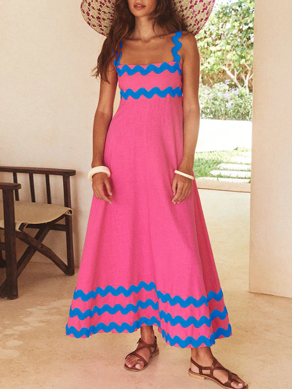 A-line High Waisted Contrast Color Zipper Square-neck Maxi Dresses Midi Dresses - Image 4