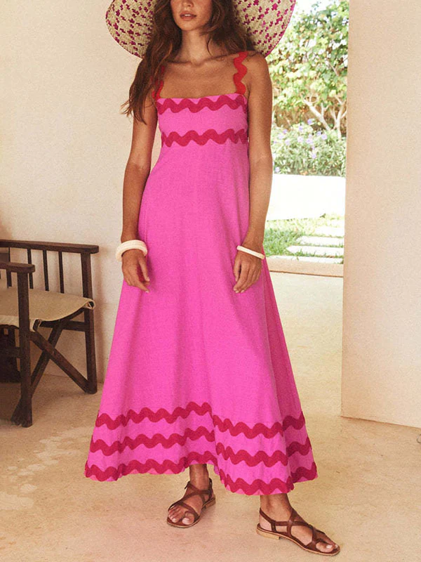 A-line High Waisted Contrast Color Zipper Square-neck Maxi Dresses Midi Dresses - Image 5