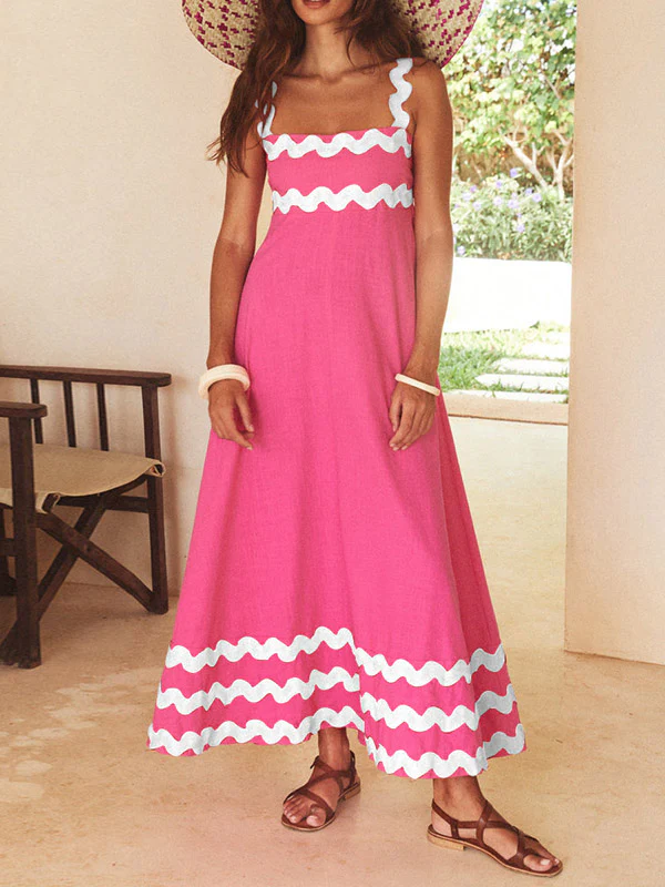 A-line High Waisted Contrast Color Zipper Square-neck Maxi Dresses Midi Dresses - Image 6