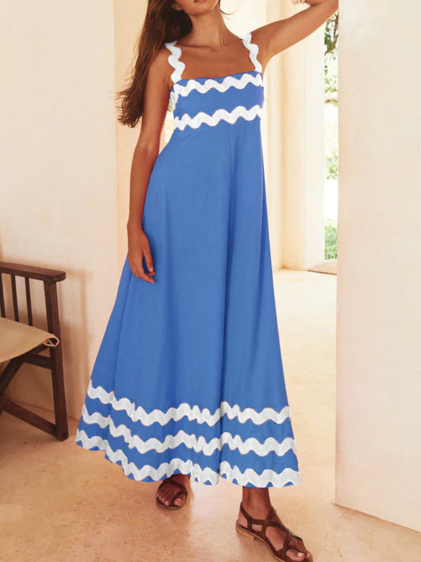 A-line High Waisted Contrast Color Zipper Square-neck Maxi Dresses Midi Dresses - Image 8