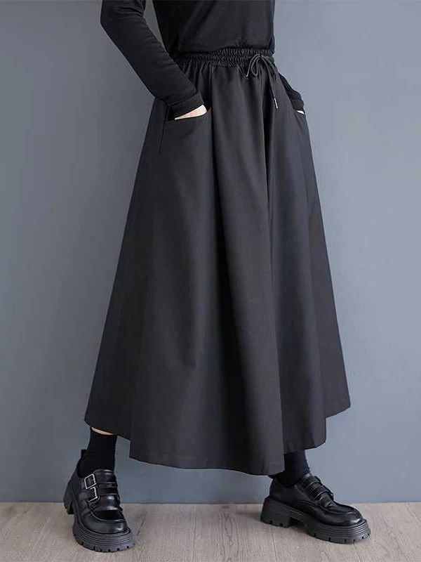 A-Line High Waisted Drawstring Elasticity Pockets Solid Color Culotte Pants - Image 2