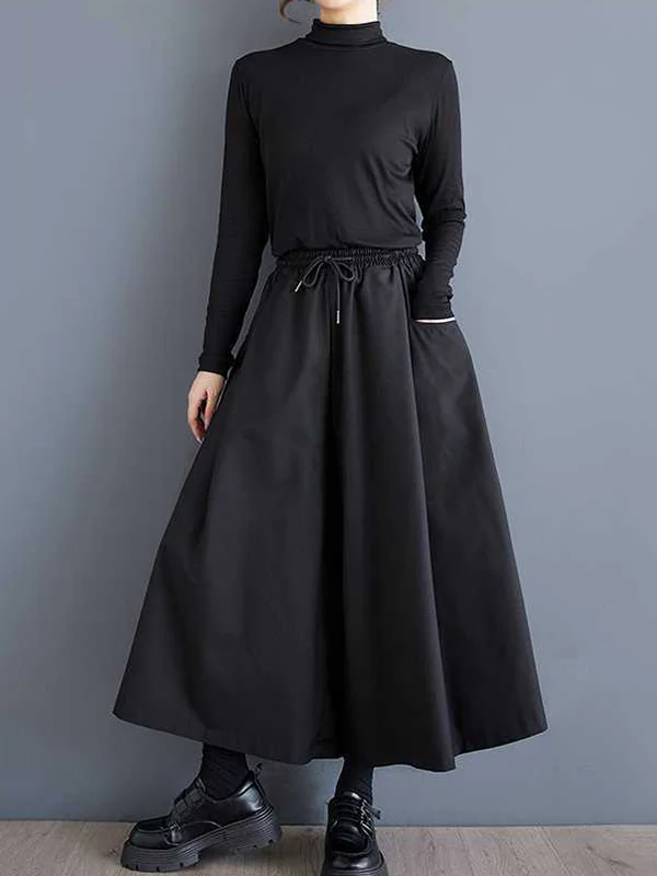 A-Line High Waisted Drawstring Elasticity Pockets Solid Color Culotte Pants - Image 4