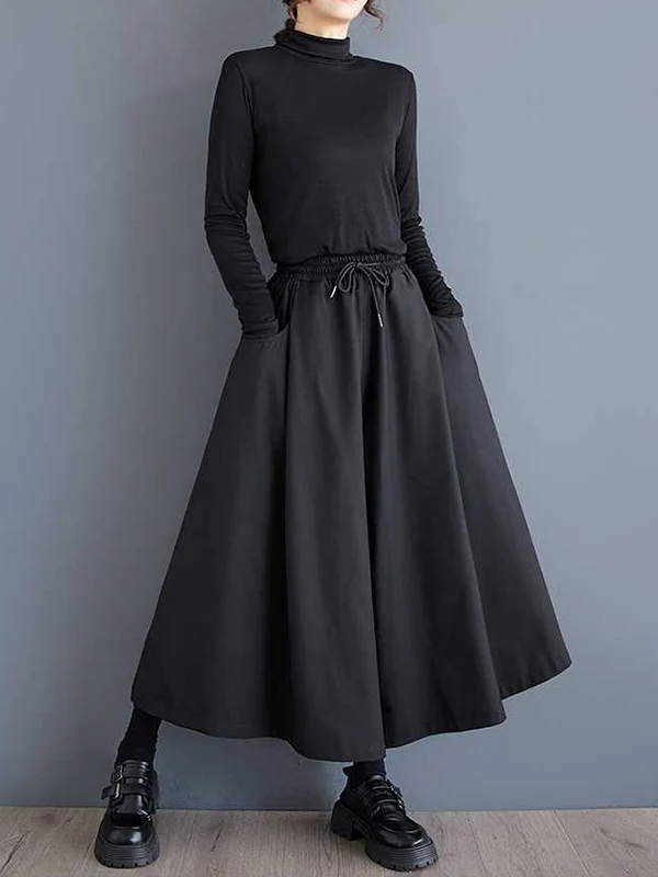 A-Line High Waisted Drawstring Elasticity Pockets Solid Color Culotte Pants - Image 5