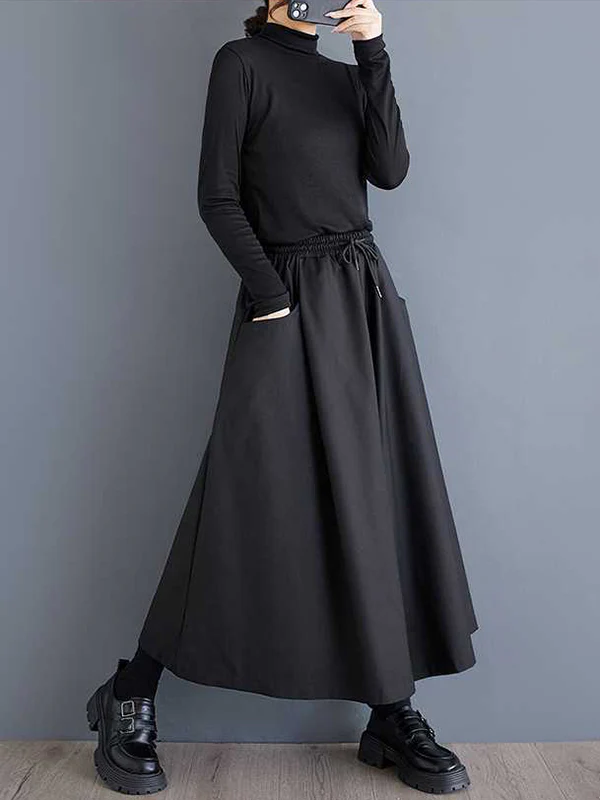 A-Line High Waisted Drawstring Elasticity Pockets Solid Color Culotte Pants - Image 6