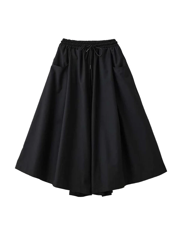A-Line High Waisted Drawstring Elasticity Pockets Solid Color Culotte Pants - Image 7