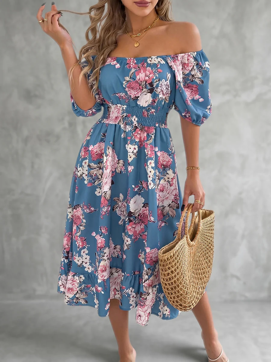 A-Line High Waisted Elasticity Floral Printed Pleated Ruffled Off-The-Shoulder Midi Dresses