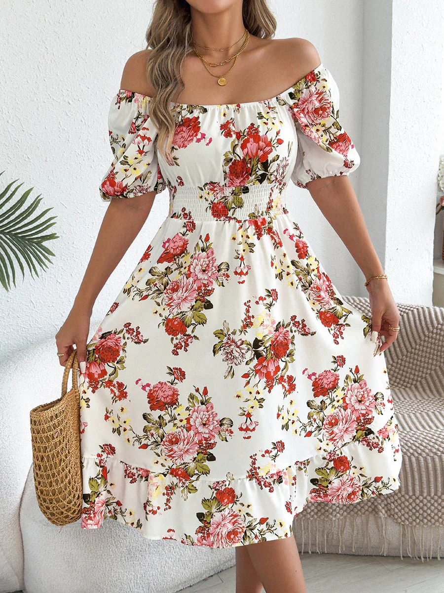 A-Line High Waisted Elasticity Floral Printed Pleated Ruffled Off-The-Shoulder Midi Dresses - Image 2
