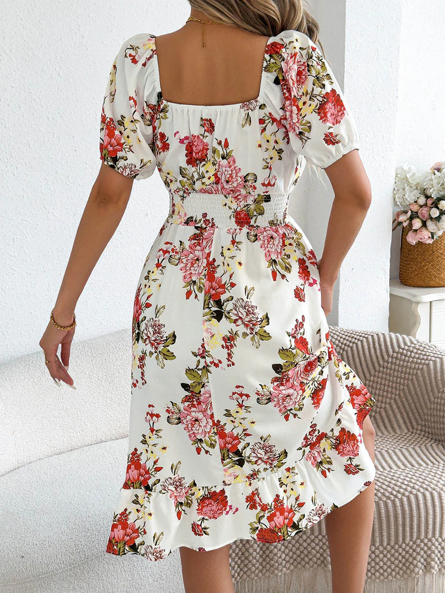 A-Line High Waisted Elasticity Floral Printed Pleated Ruffled Off-The-Shoulder Midi Dresses - Image 3