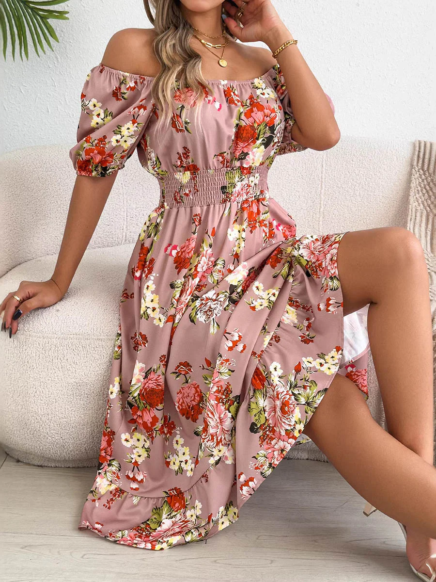 A-Line High Waisted Elasticity Floral Printed Pleated Ruffled Off-The-Shoulder Midi Dresses - Image 4