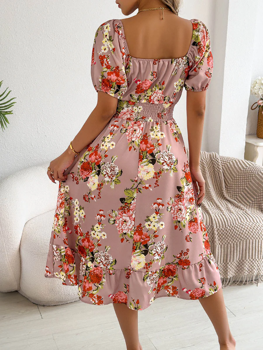 A-Line High Waisted Elasticity Floral Printed Pleated Ruffled Off-The-Shoulder Midi Dresses - Image 5