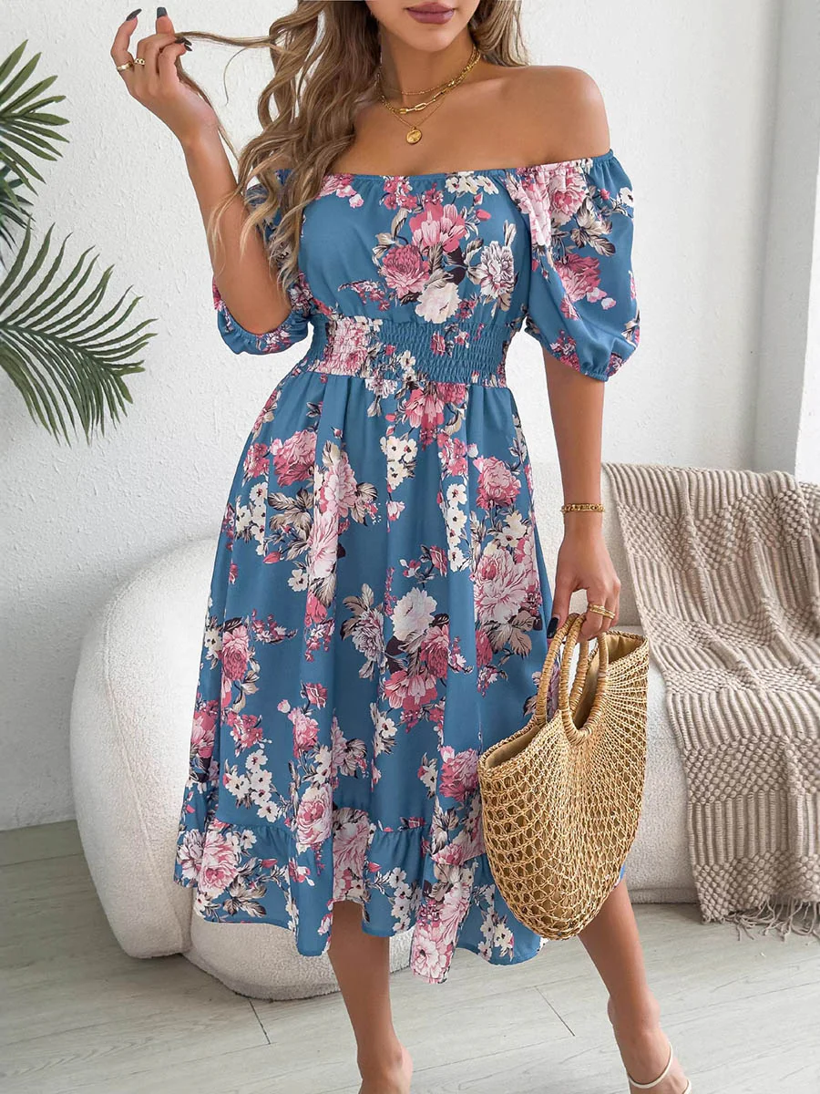 A-Line High Waisted Elasticity Floral Printed Pleated Ruffled Off-The-Shoulder Midi Dresses - Image 6