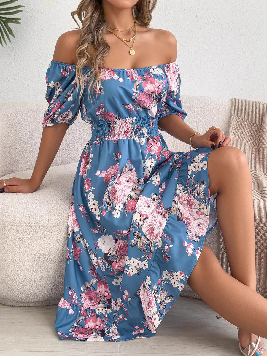 A-Line High Waisted Elasticity Floral Printed Pleated Ruffled Off-The-Shoulder Midi Dresses - Image 7