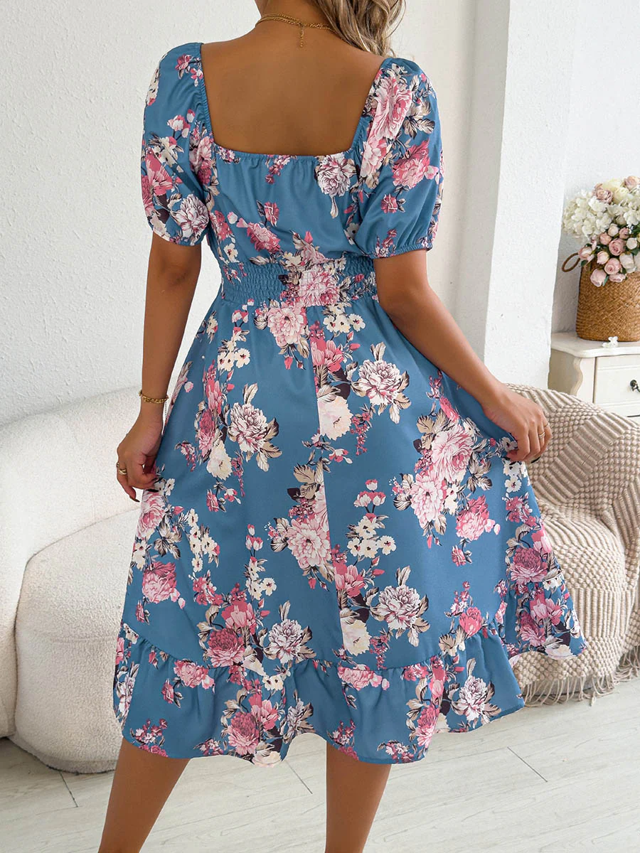 A-Line High Waisted Elasticity Floral Printed Pleated Ruffled Off-The-Shoulder Midi Dresses - Image 8