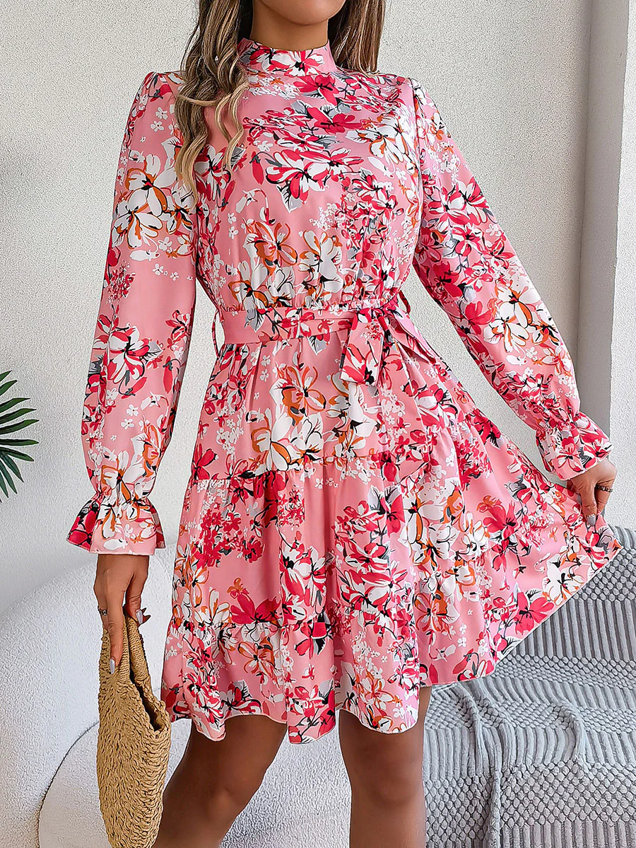 A-Line High Waisted Elasticity Flower Print Pleated Tied Waist Stand Collar Mini Dresses - Image 4