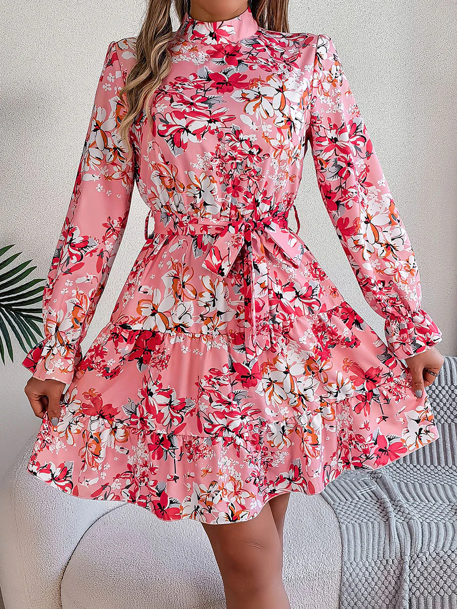 A-Line High Waisted Elasticity Flower Print Pleated Tied Waist Stand Collar Mini Dresses - Image 5