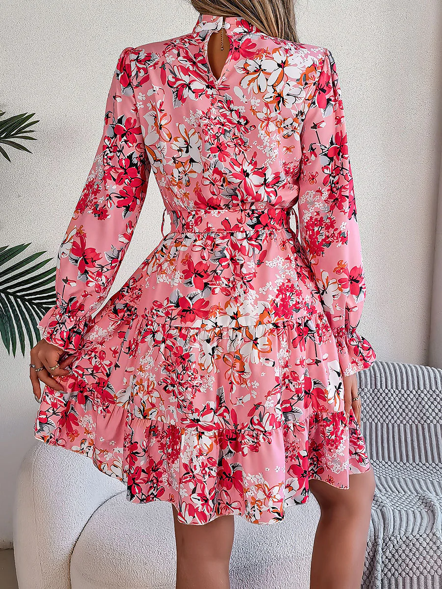 A-Line High Waisted Elasticity Flower Print Pleated Tied Waist Stand Collar Mini Dresses - Image 6