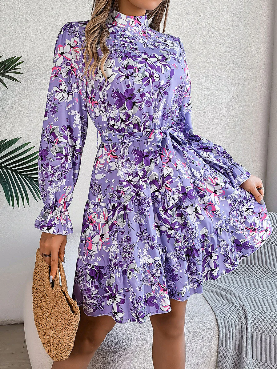 A-Line High Waisted Elasticity Flower Print Pleated Tied Waist Stand Collar Mini Dresses - Image 7