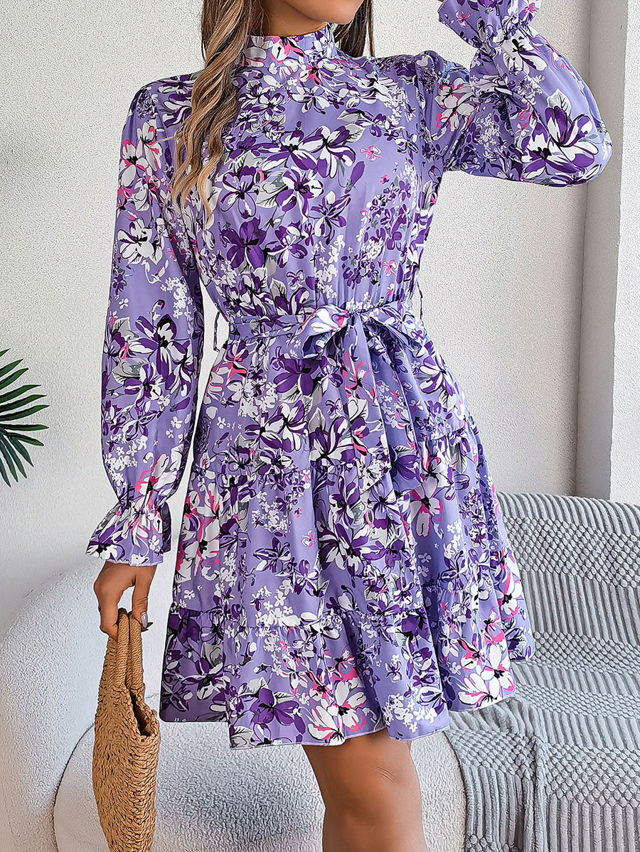 A-Line High Waisted Elasticity Flower Print Pleated Tied Waist Stand Collar Mini Dresses - Image 8