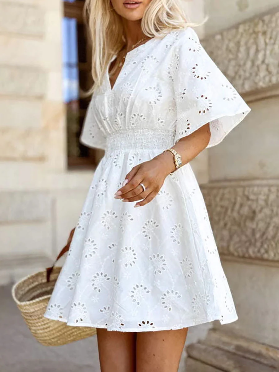 A-line High Waisted Elasticity Hollow Solid Color V-neck Mini Dresses - Image 2