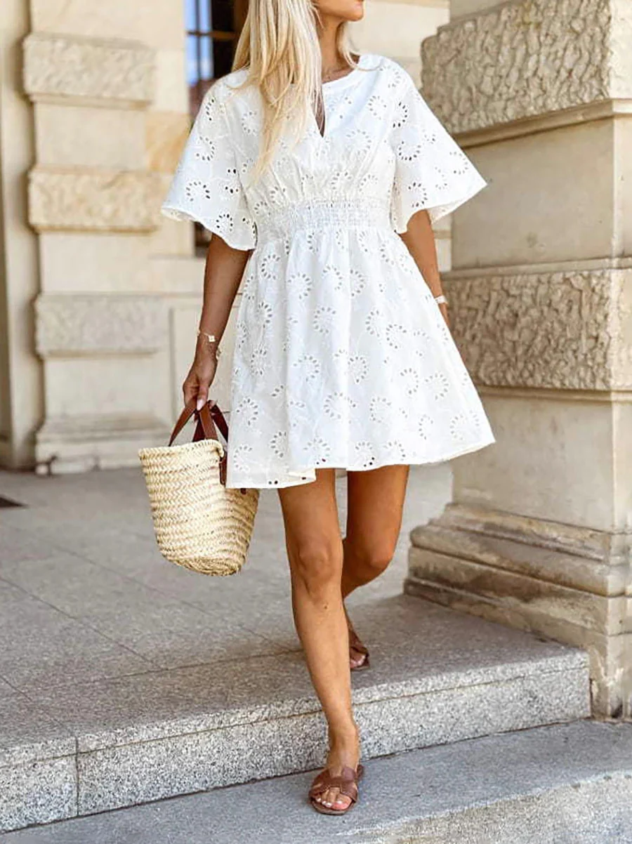 A-line High Waisted Elasticity Hollow Solid Color V-neck Mini Dresses - Image 5