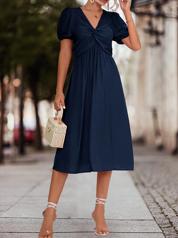 A-Line High Waisted Elasticity Knot Pleated Solid Color Split-Joint V-Neck Midi Dresses - Image 12