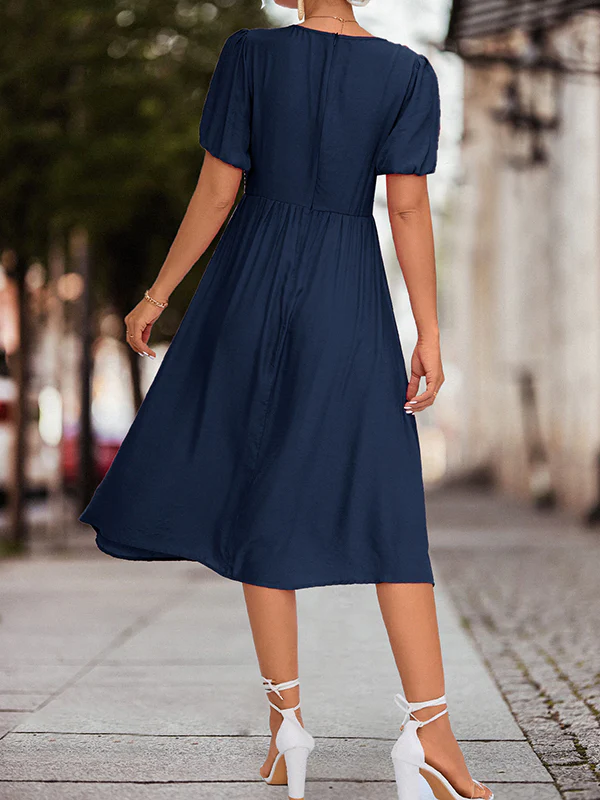 A-Line High Waisted Elasticity Knot Pleated Solid Color Split-Joint V-Neck Midi Dresses - Image 15