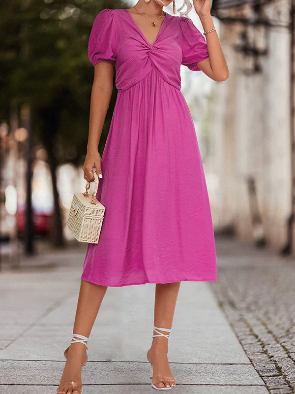 A-Line High Waisted Elasticity Knot Pleated Solid Color Split-Joint V-Neck Midi Dresses - Image 5