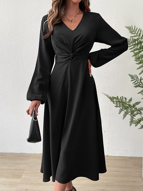 A-Line High Waisted Elasticity Knot Pleated Solid Color V-Neck Midi Dresses - Image 2