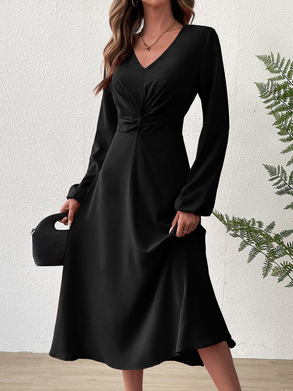 A-Line High Waisted Elasticity Knot Pleated Solid Color V-Neck Midi Dresses - Image 3