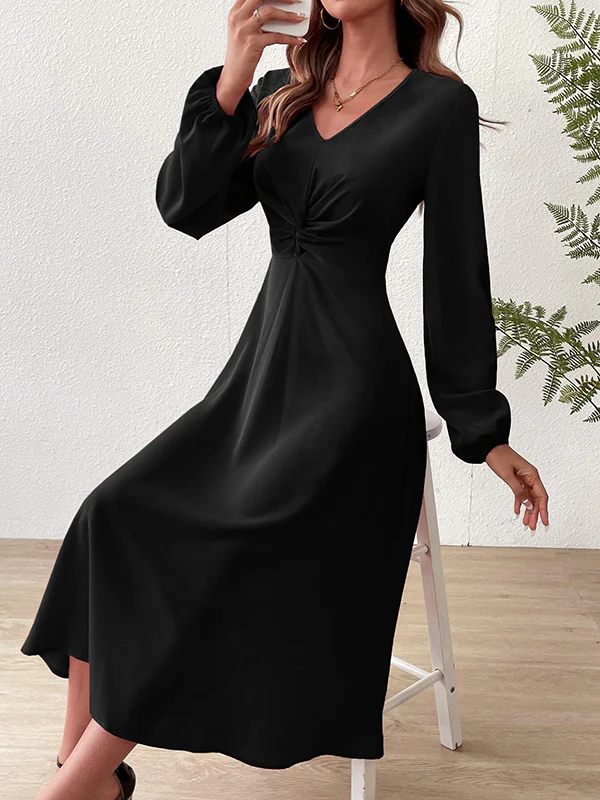 A-Line High Waisted Elasticity Knot Pleated Solid Color V-Neck Midi Dresses - Image 4