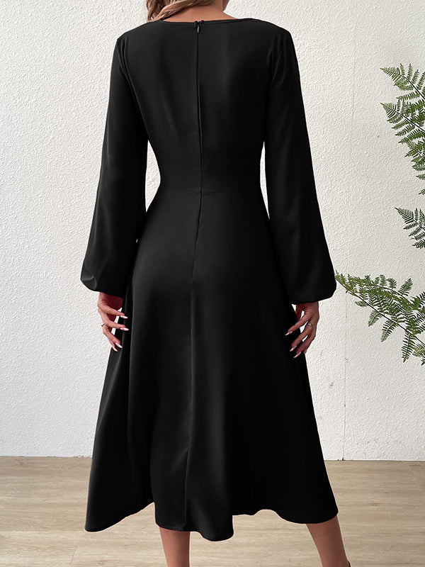 A-Line High Waisted Elasticity Knot Pleated Solid Color V-Neck Midi Dresses - Image 5
