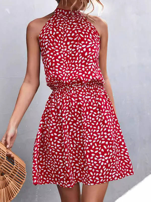 A-Line High Waisted Elasticity Leaves Print Pleated Halter-Neck Mini Dresses - Image 12