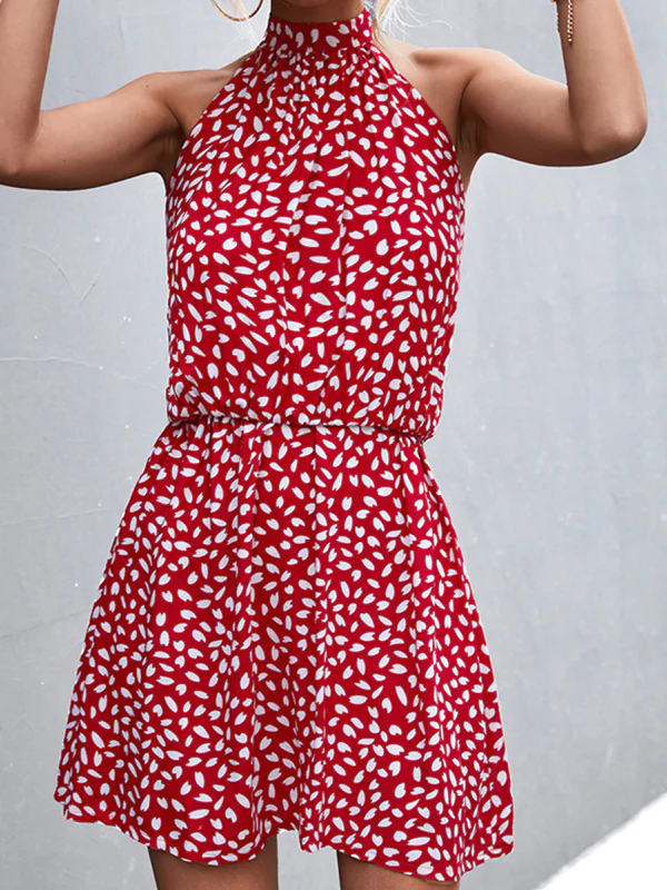 A-Line High Waisted Elasticity Leaves Print Pleated Halter-Neck Mini Dresses - Image 13