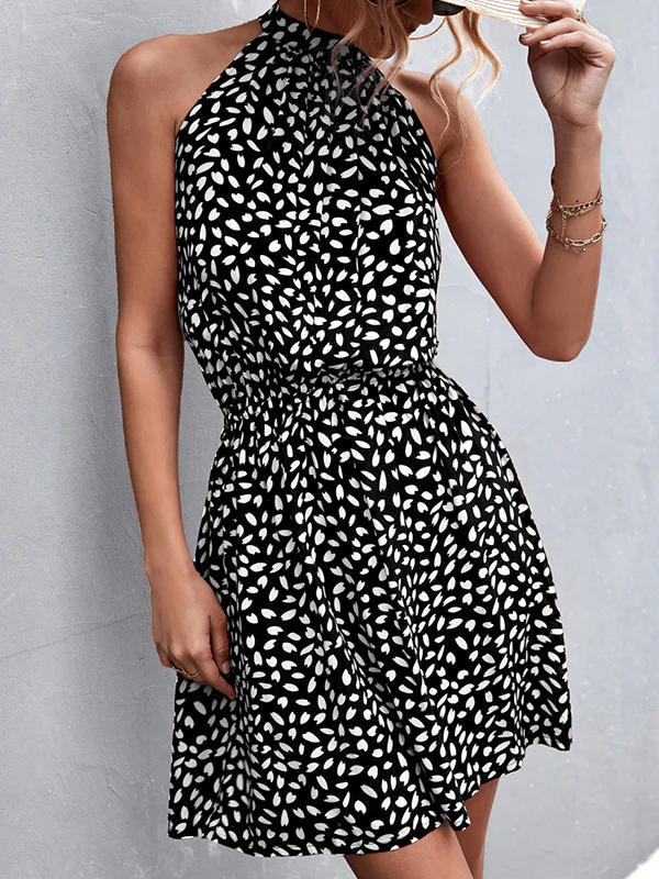 A-Line High Waisted Elasticity Leaves Print Pleated Halter-Neck Mini Dresses - Image 3