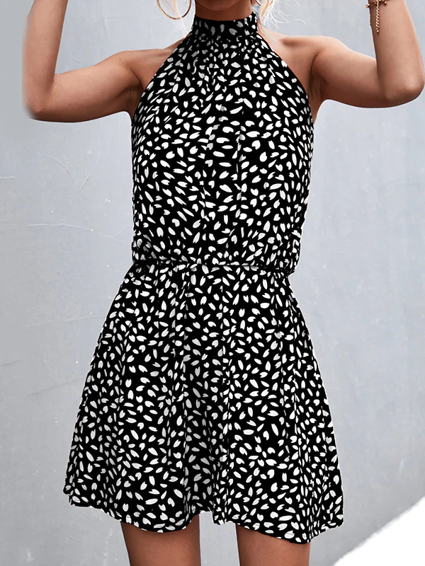 A-Line High Waisted Elasticity Leaves Print Pleated Halter-Neck Mini Dresses - Image 4