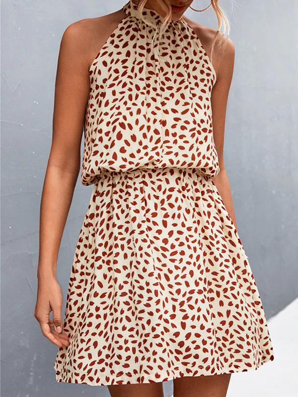 A-Line High Waisted Elasticity Leaves Print Pleated Halter-Neck Mini Dresses - Image 8