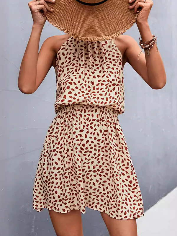 A-Line High Waisted Elasticity Leaves Print Pleated Halter-Neck Mini Dresses - Image 9