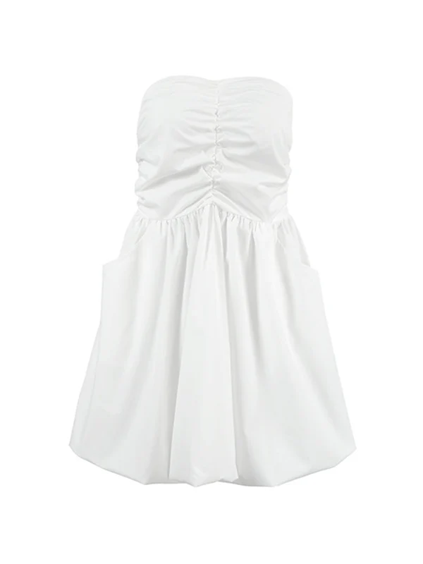 A-Line High Waisted Elasticity Pleated Pockets Solid Color Tube Mini Dresses - Image 10