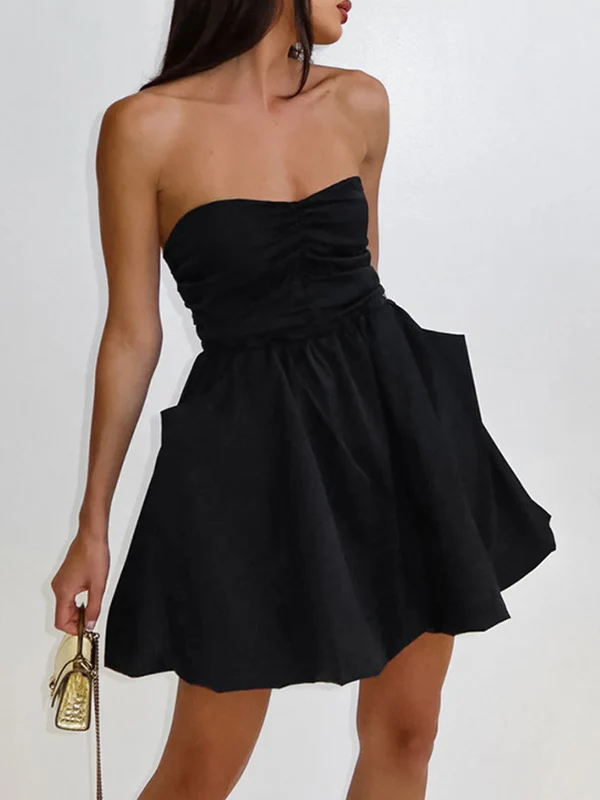 A-Line High Waisted Elasticity Pleated Pockets Solid Color Tube Mini Dresses - Image 2