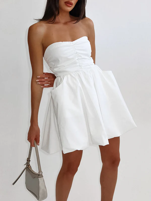 A-Line High Waisted Elasticity Pleated Pockets Solid Color Tube Mini Dresses - Image 3