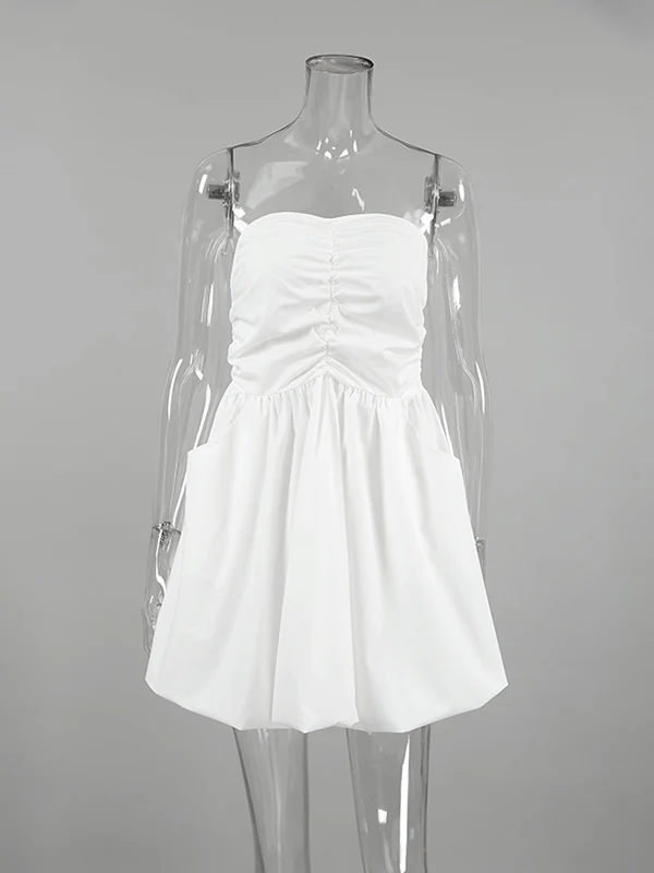 A-Line High Waisted Elasticity Pleated Pockets Solid Color Tube Mini Dresses - Image 7