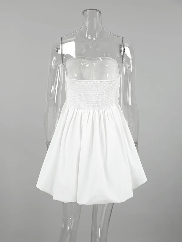 A-Line High Waisted Elasticity Pleated Pockets Solid Color Tube Mini Dresses - Image 9