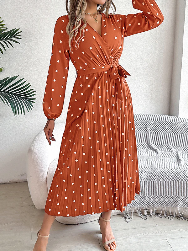 A-Line High Waisted Elasticity Pleated Polka-Dot Split-Joint Tied Waist V-Neck Midi Dresses Shirt Dress - Image 10