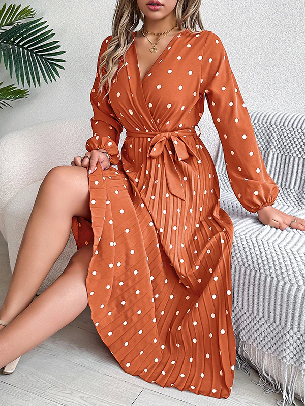 A-Line High Waisted Elasticity Pleated Polka-Dot Split-Joint Tied Waist V-Neck Midi Dresses Shirt Dress - Image 12