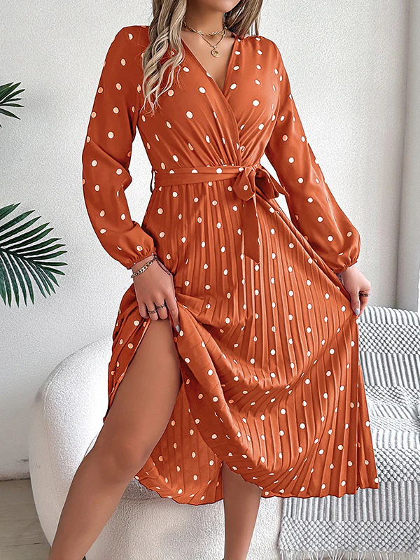 A-Line High Waisted Elasticity Pleated Polka-Dot Split-Joint Tied Waist V-Neck Midi Dresses Shirt Dress - Image 13
